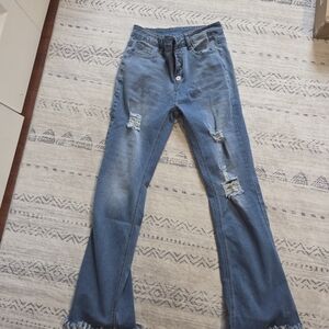 Distressed Blue Women's Jeans Bell With Fringe.  Button Down.